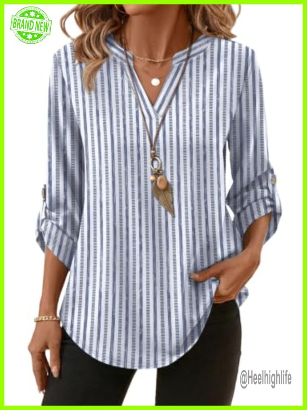 Womens V Neck 3/4 Sleeve Blouse Button Side Loose Fit Casual Top